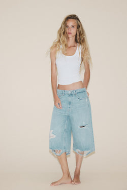 DÜŞÜK BEL YIRTMAÇLI TRF DENIM BERMUDA JORTS