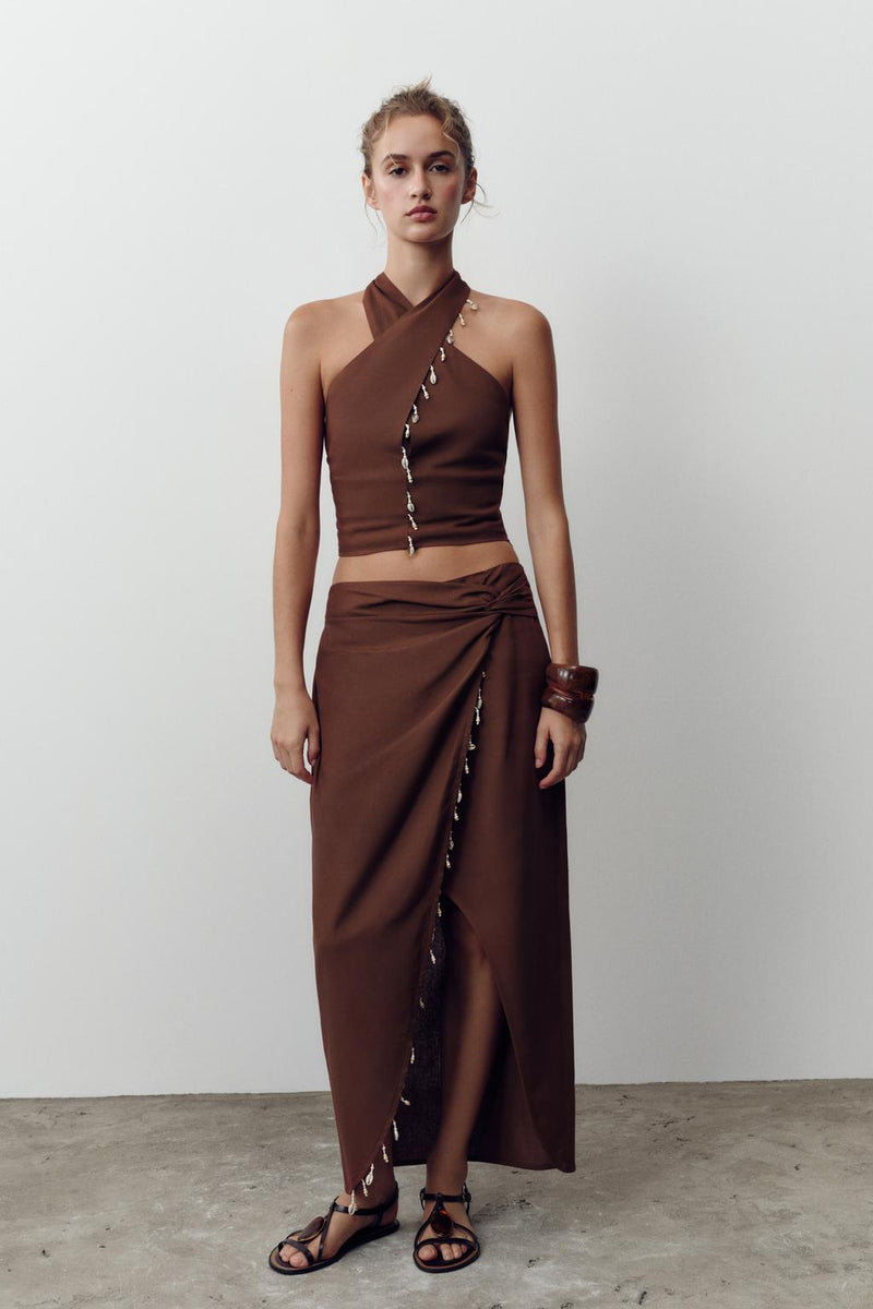 SHELL DETAIL LINEN BLEND HALTER TOP