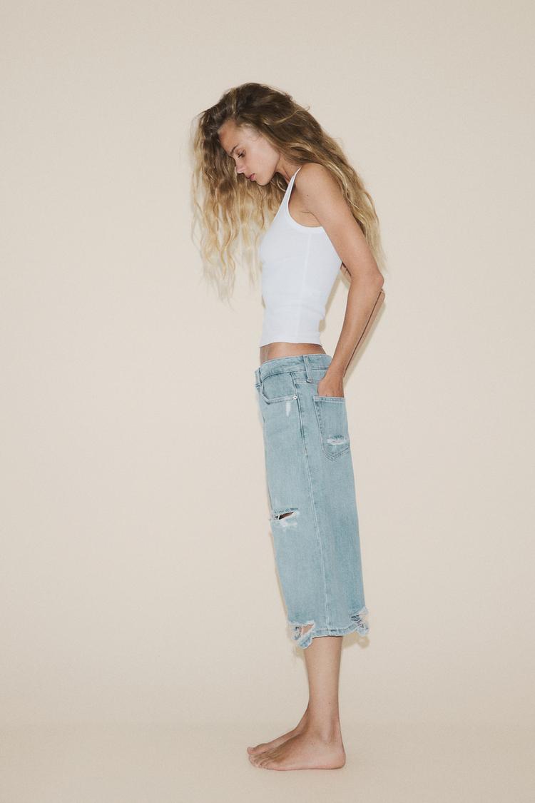 DÜŞÜK BEL YIRTMAÇLI TRF DENIM BERMUDA JORTS