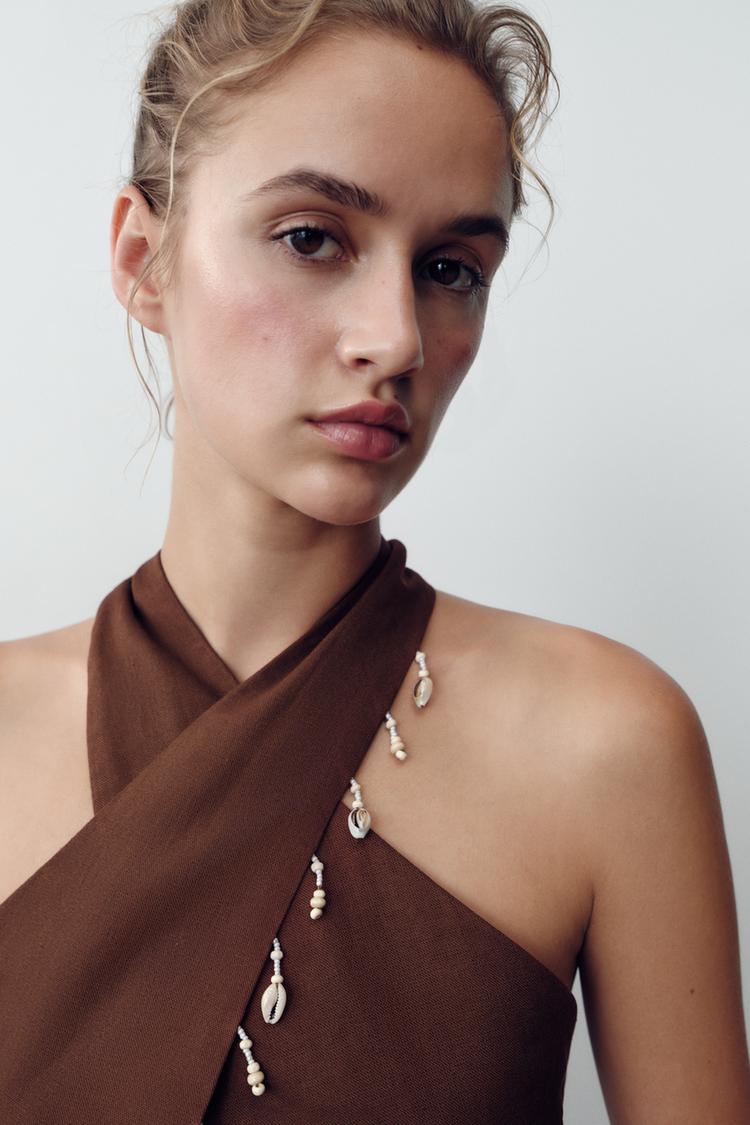 SHELL DETAIL LINEN BLEND HALTER TOP