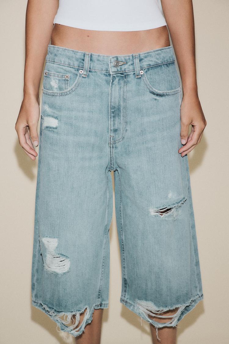 DÜŞÜK BEL YIRTMAÇLI TRF DENIM BERMUDA JORTS