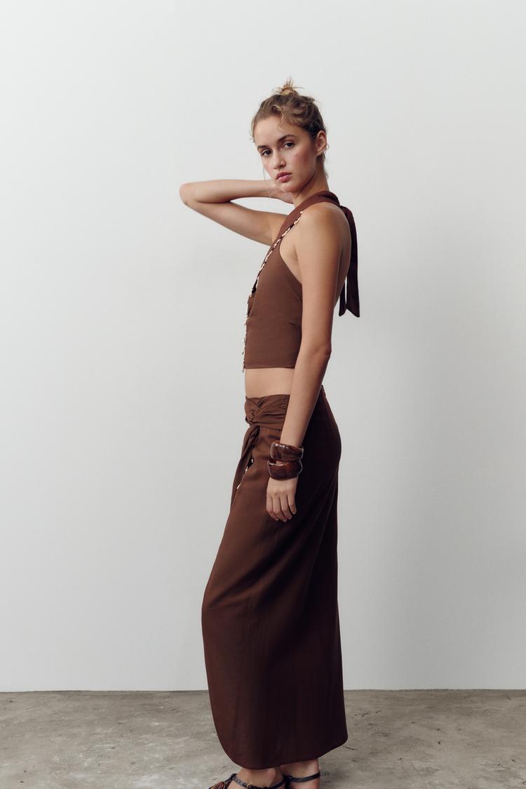 SHELL DETAIL LINEN BLEND HALTER TOP