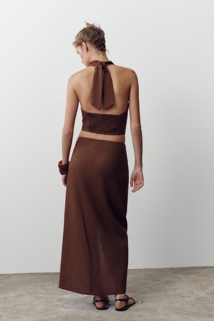 SHELL DETAIL LINEN BLEND HALTER TOP