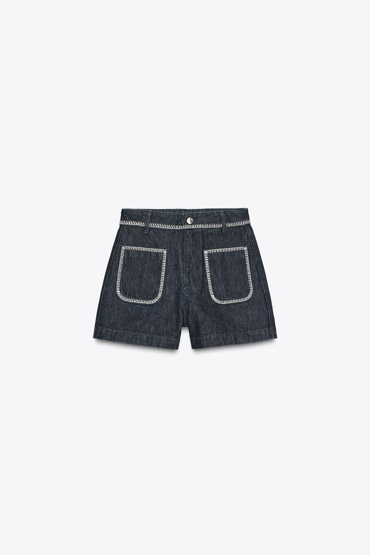 YÜKSEK BEL İŞLEMELİ DİKİŞLİ DENIM ŞORT